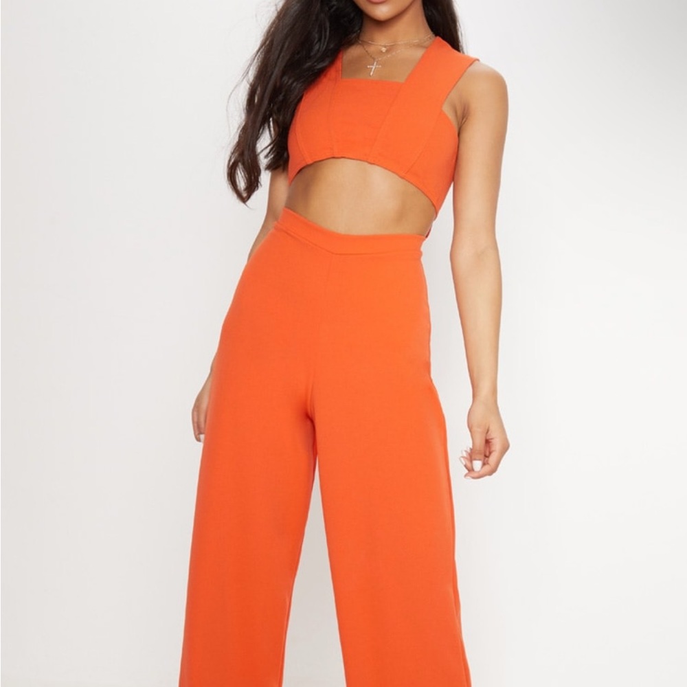PrettyLittleThing Orange Crepe Cut Out Jumpsuit
